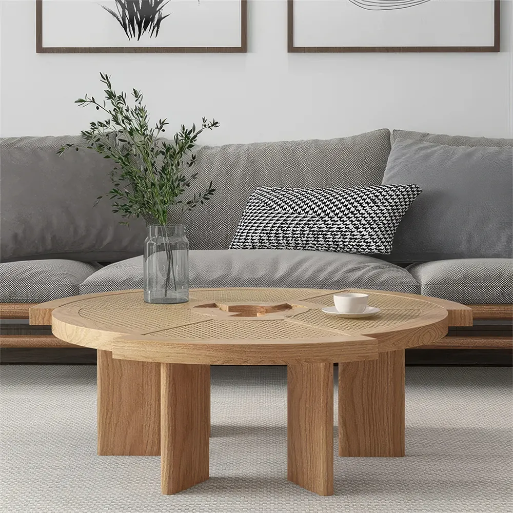 Minimalist Modern Ash Wood Rattan Coffee Table